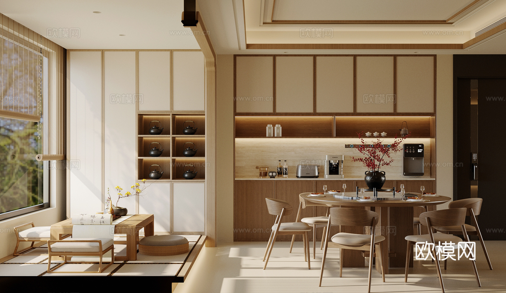 新中式禅意餐厅 宋式餐厅 实木餐桌椅组合 餐边柜 茶水柜su模型