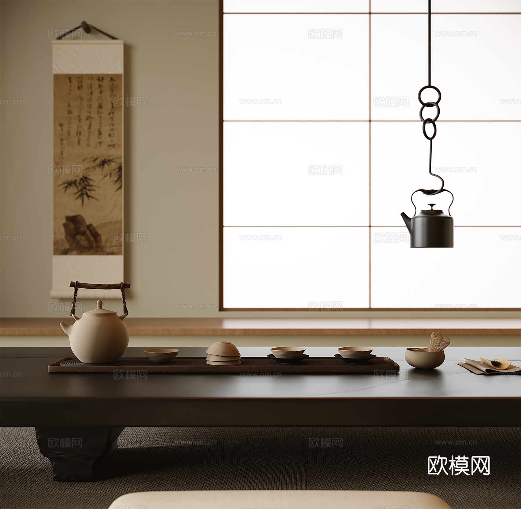 现代茶具摆件 挂画 茶室 榻榻米茶桌椅su模型