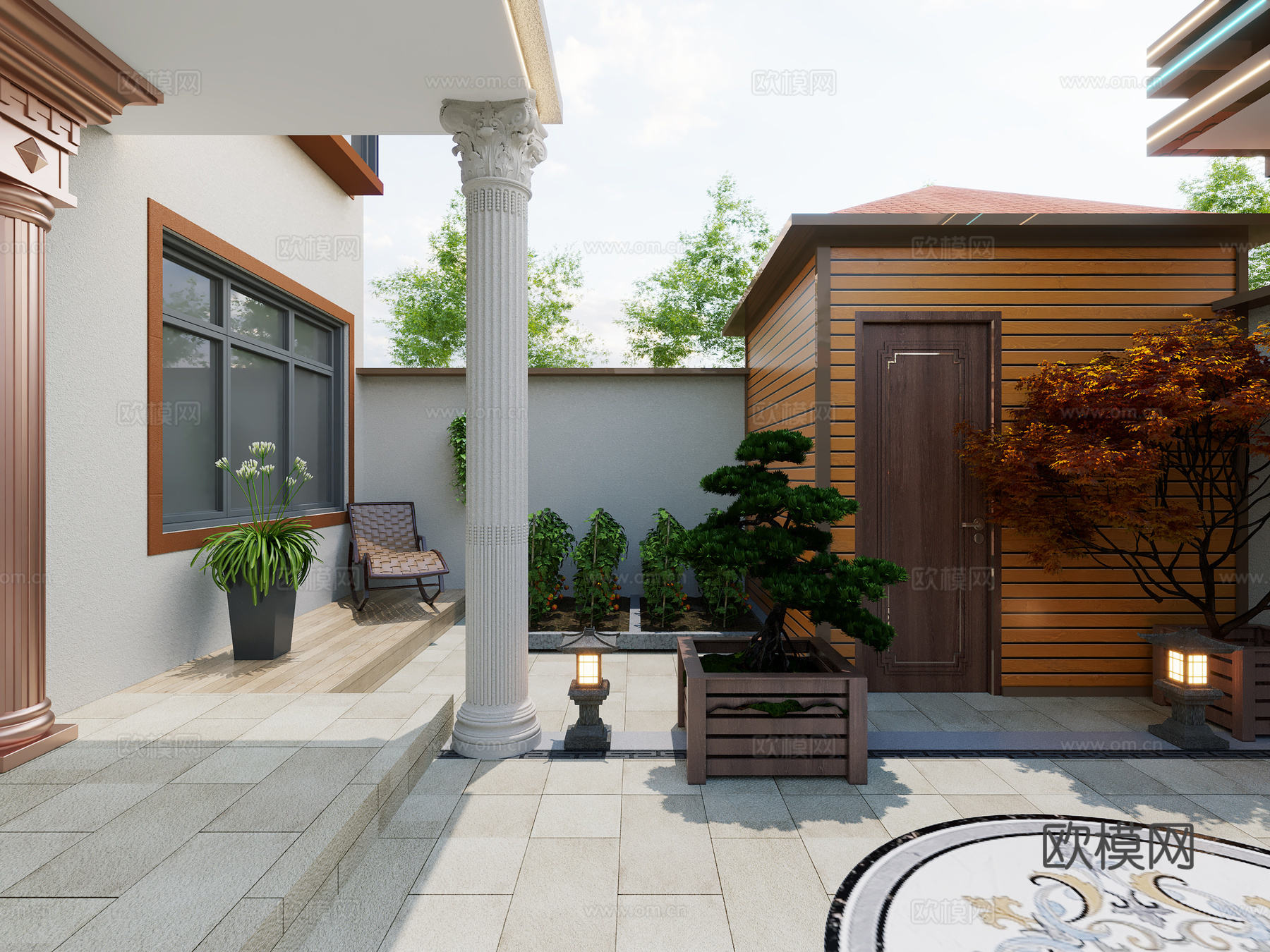 农村自建房新中式入户庭院3d模型下载（渲染图2）