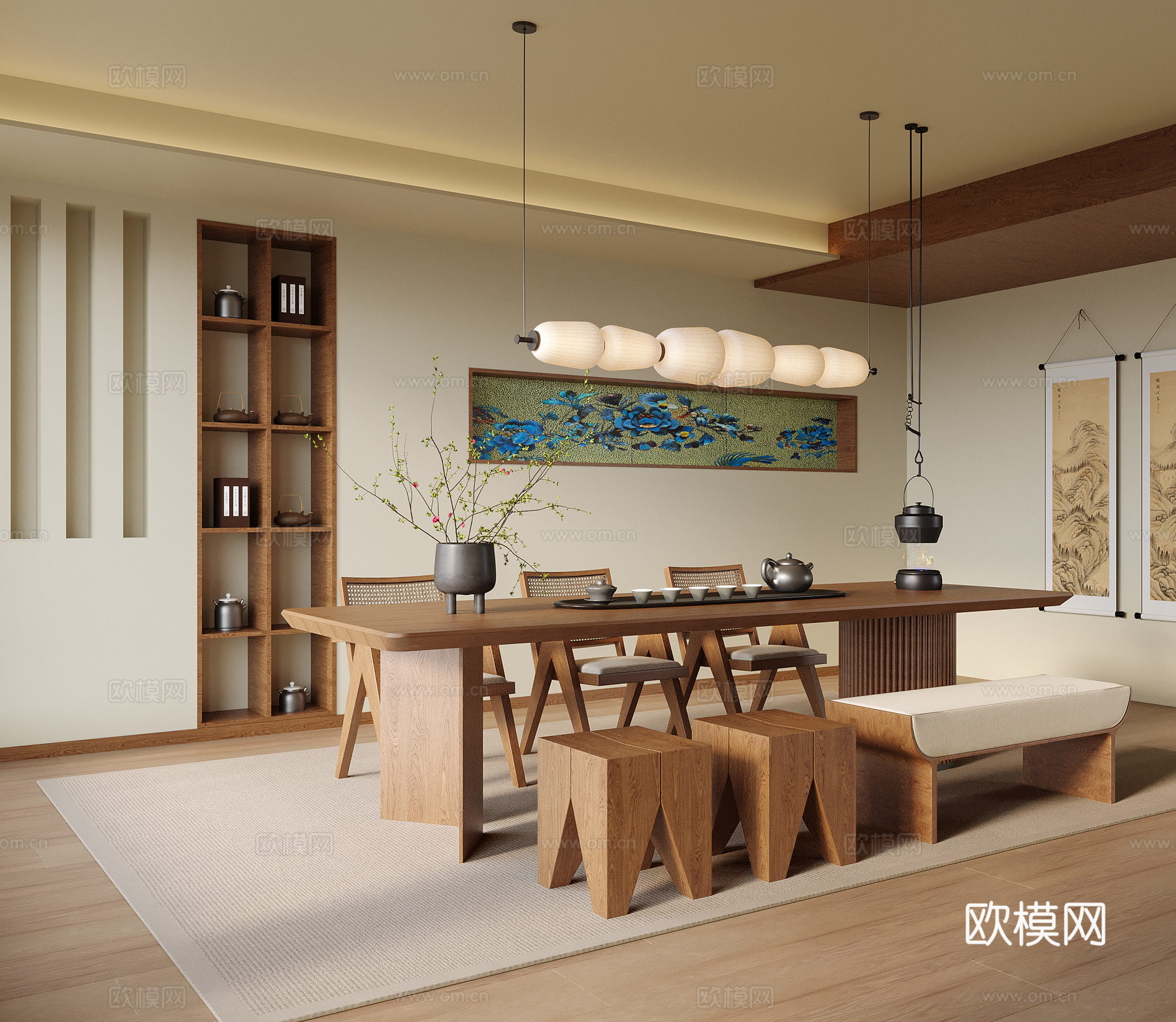 新中式茶室 茶桌椅 茶室吊灯 茶具摆件 凳子3d模型