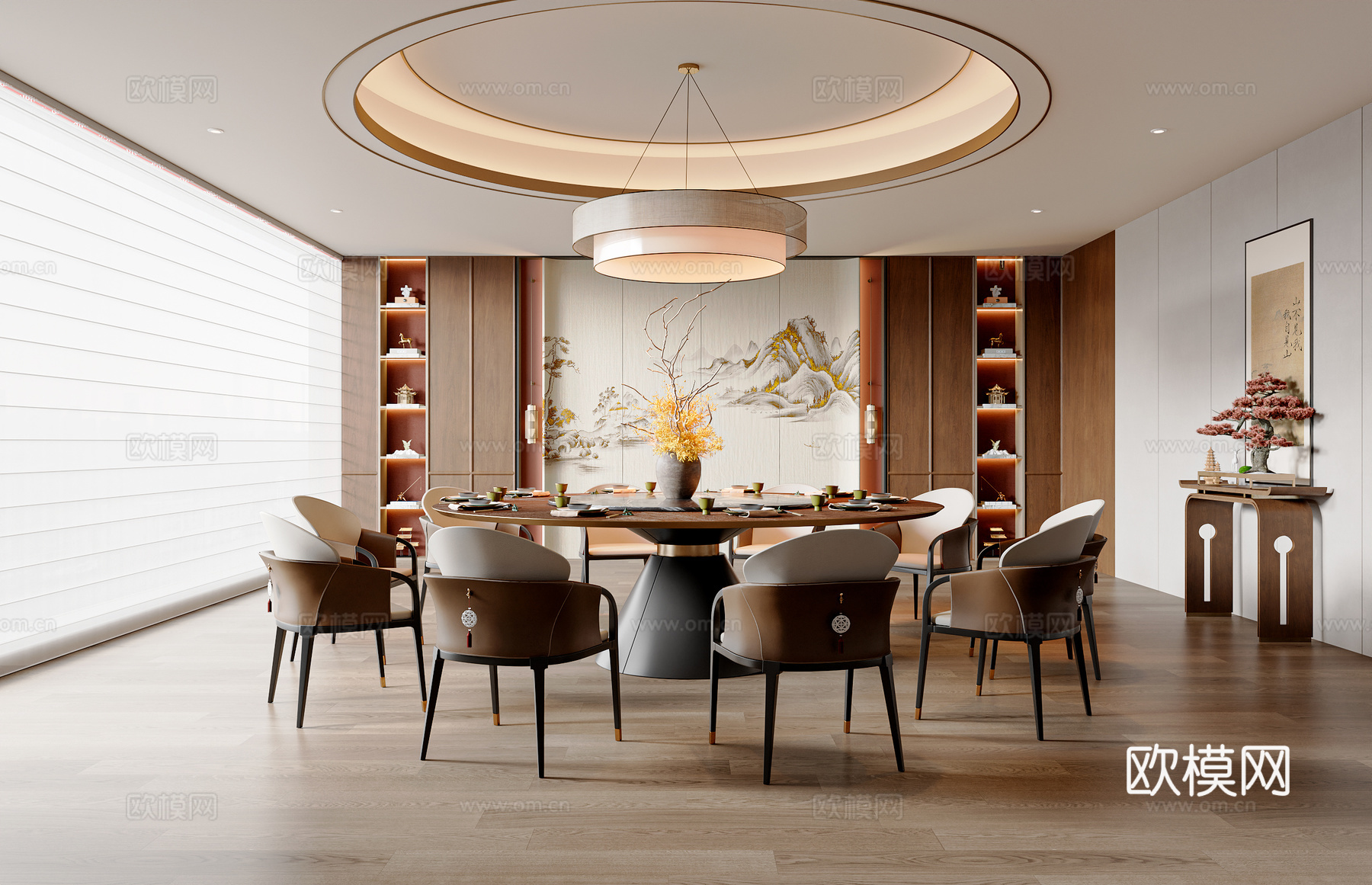 新中式中式风包厢 宋式风包厢 大包间 圆餐桌椅组合 大圆桌3d模型下载