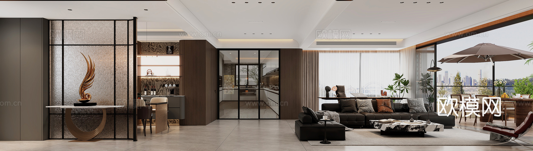 现代意式客餐厅   阳台免费3d模型下载（渲染图2）