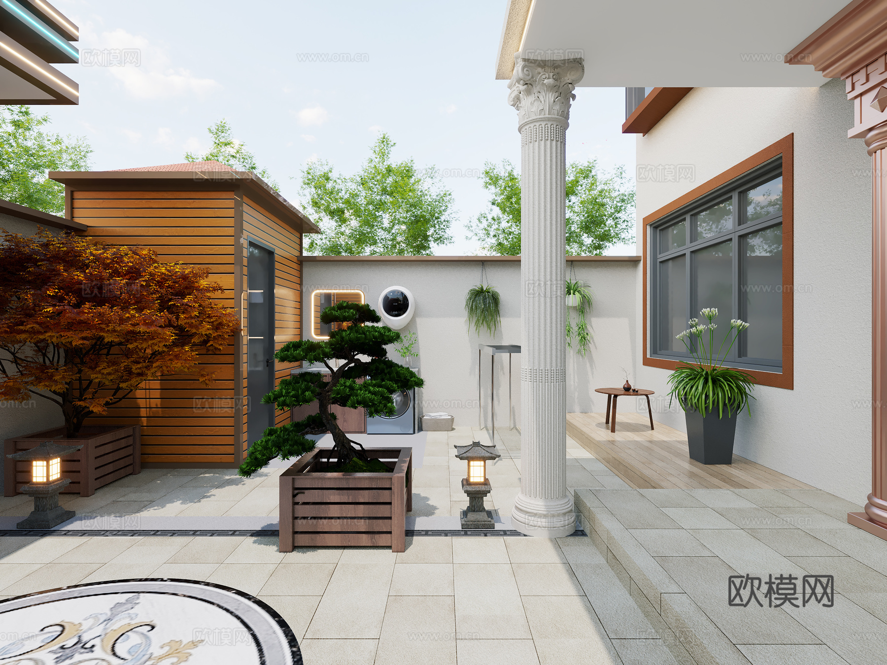 农村自建房新中式入户庭院3d模型下载（渲染图1）