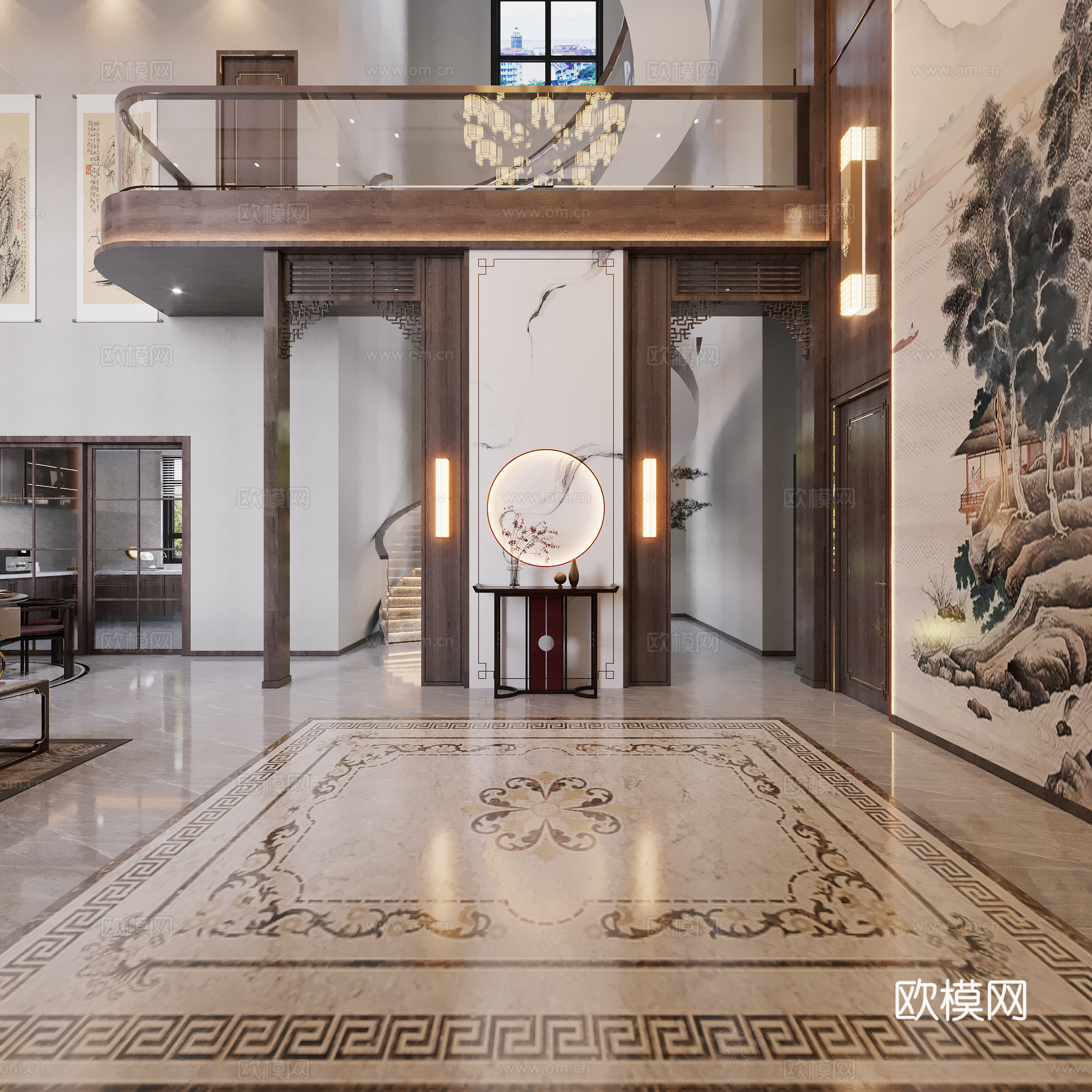 新中式别墅挑空玄关3d模型下载