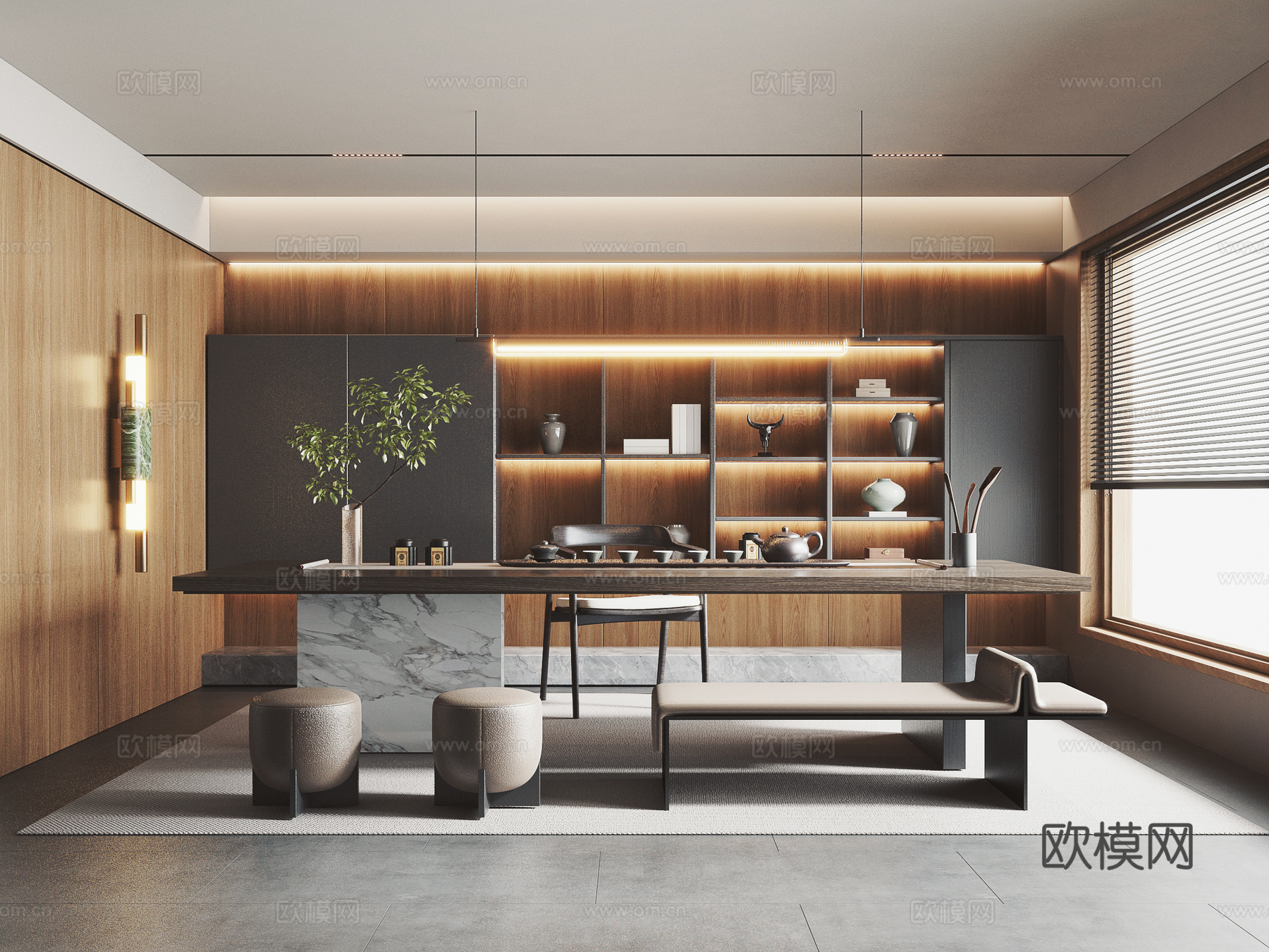 现代茶室 禅意茶室 茶柜背景墙 茶室桌椅组合3d模型下载