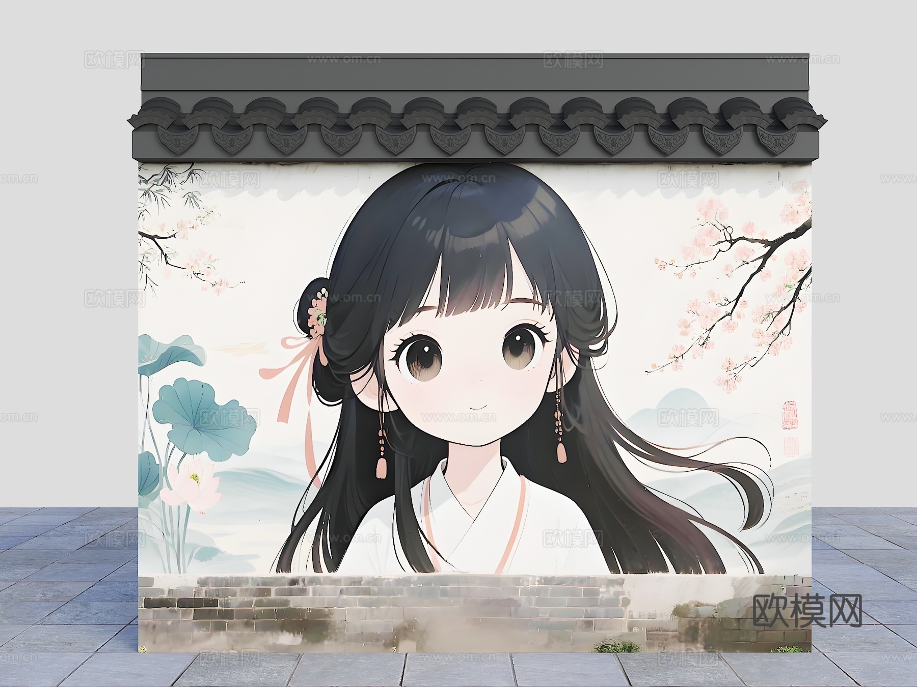 彩绘围墙 花朵围墙 少女墙画围墙 卡通围墙 现代美陈墙面 墙su模型