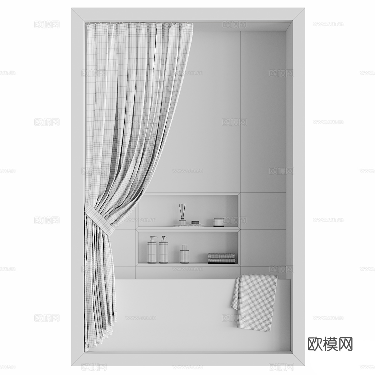 现代侘寂浴缸 浴帘 壁龛3d模型下载（渲染图4）
