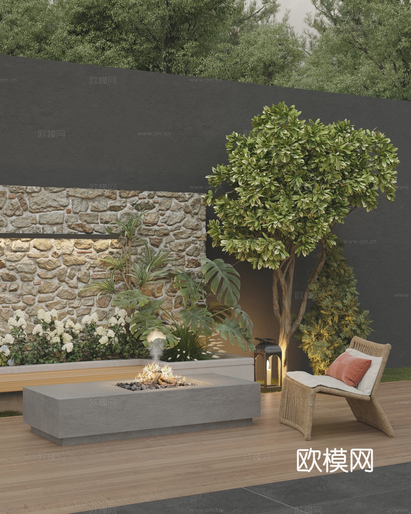 现代庭院花园 休闲卡座花池 悬挑木质卡座 水泥酒精炉 单人休3d模型下载