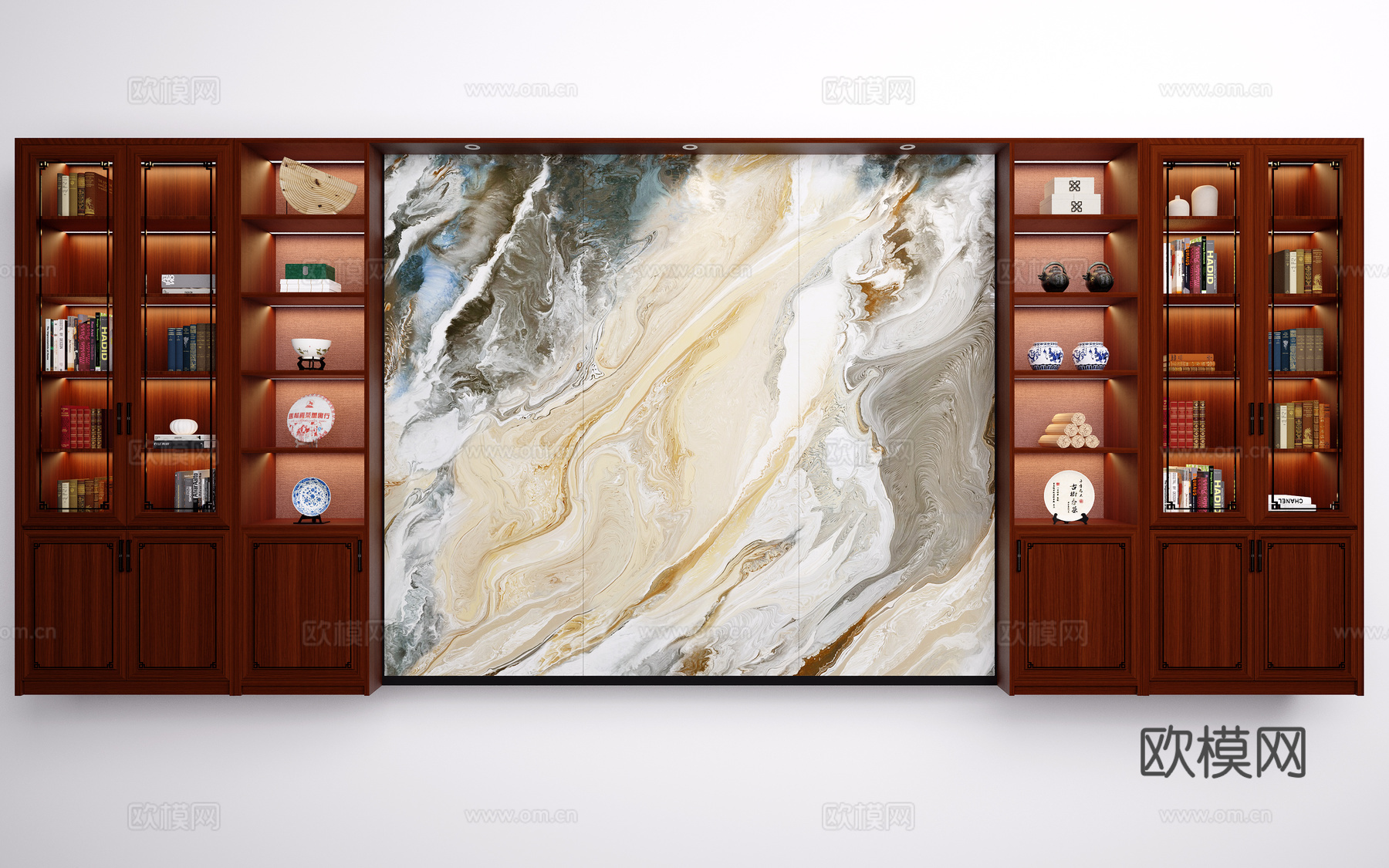 新中式背景墙 装饰柜 书柜3d模型下载