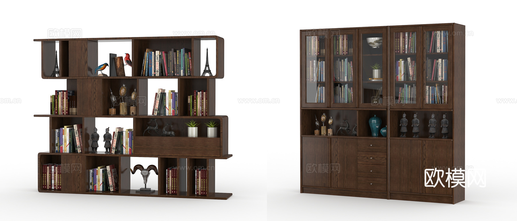 中式书柜饰品组合3d模型下载