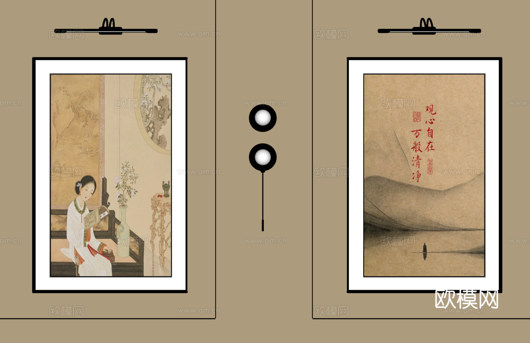 宋氏中古风挂画 长条挂画  挂画组合su模型