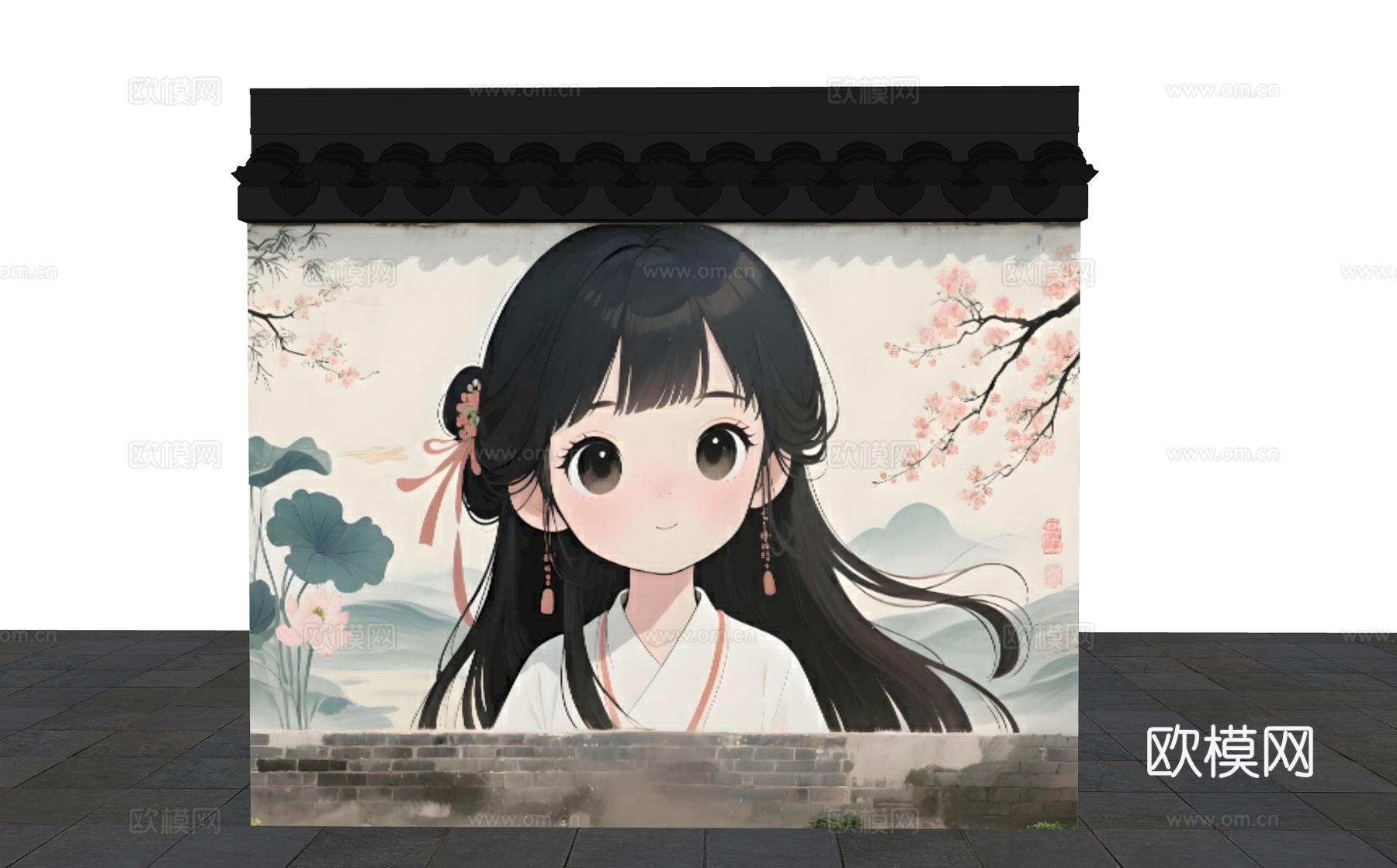 彩绘围墙 花朵围墙 少女墙画围墙 卡通围墙 现代美陈墙面 墙su模型