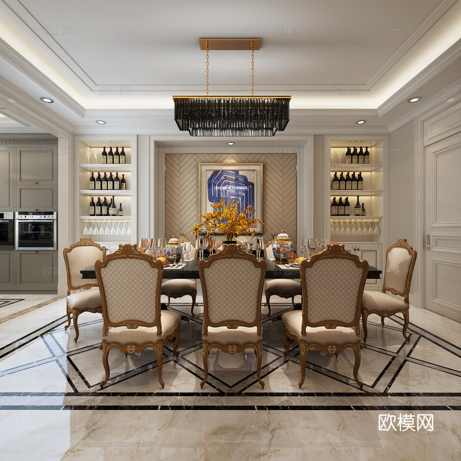 美式 餐厅 玄关 美式现代 酒柜 餐桌 玄关柜 灯具 鞋柜3d模型下载（渲染图1）