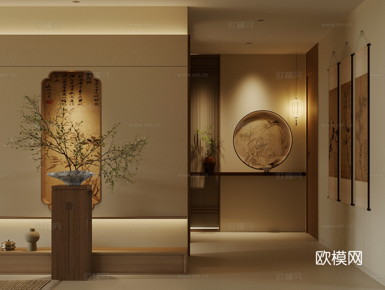 中古风入户玄关 原木风玄关柜 端景台玄关 别墅玄关 玄关背景3d模型下载