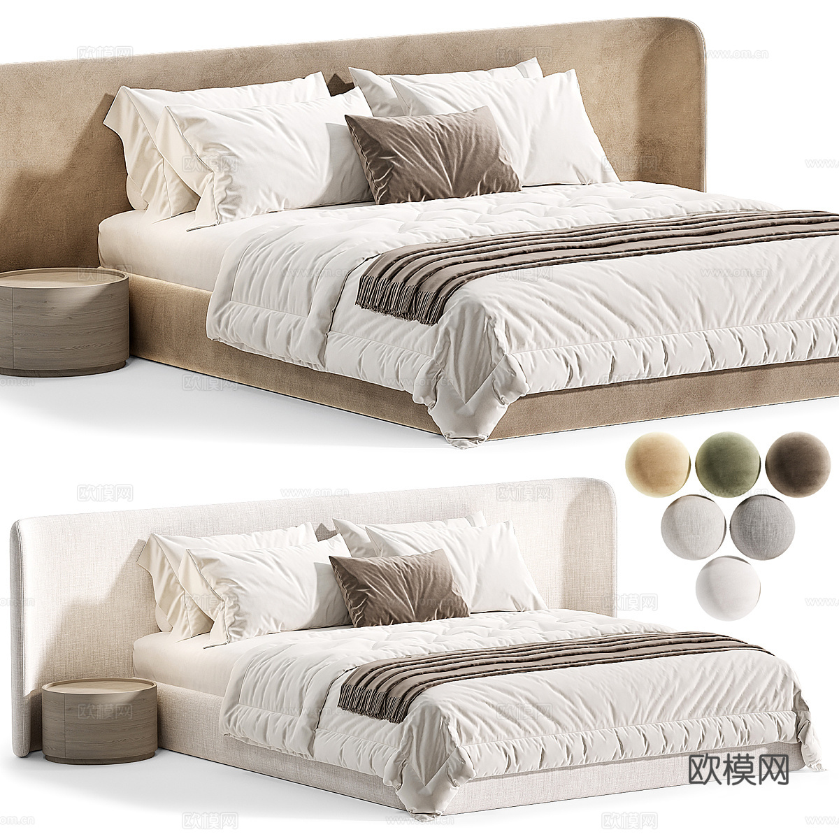 现代奶油风布艺双人床3d模型下载（渲染图3）