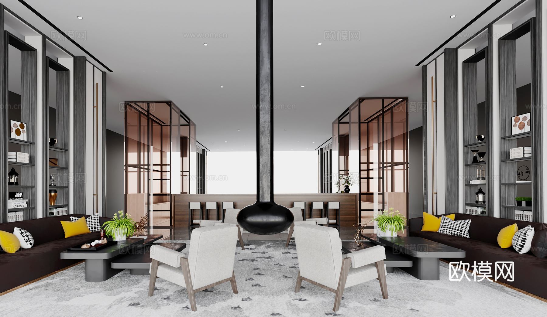 新中式售楼部 新中式会客厅 休息室 接待室 新中式沙发 单椅3d模型下载（渲染图1）