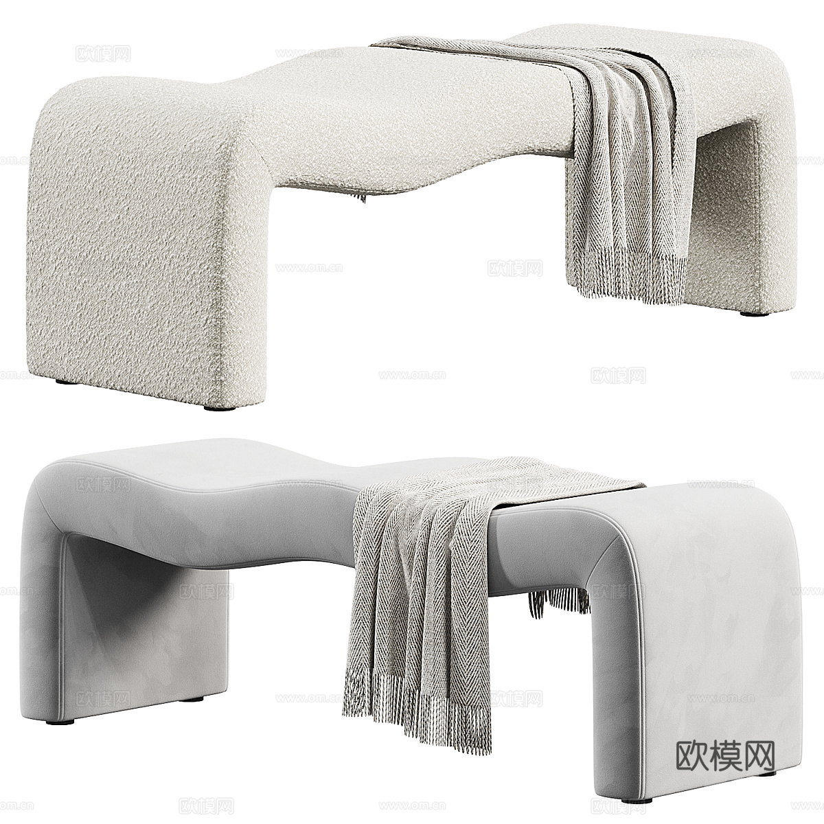 现代奶油风布艺长凳 条凳 床尾凳3d模型下载（渲染图5）