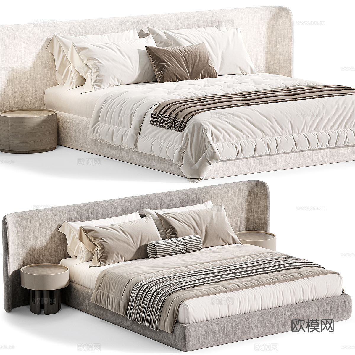 现代奶油风布艺双人床3d模型下载（渲染图6）