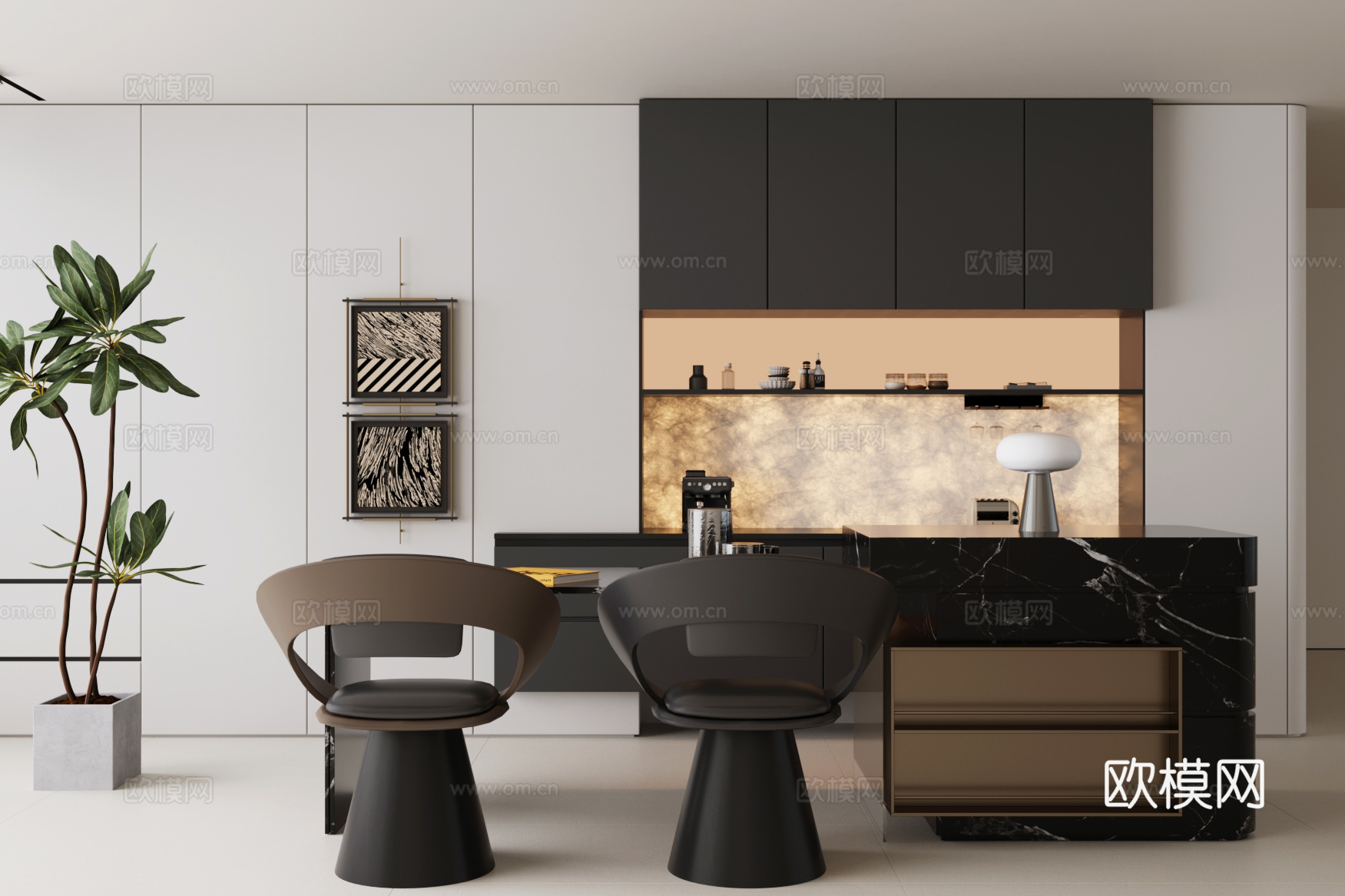 现代意式岛台餐厅 轻奢意式餐厅 开放式餐厅 岛台餐桌椅3d模型下载