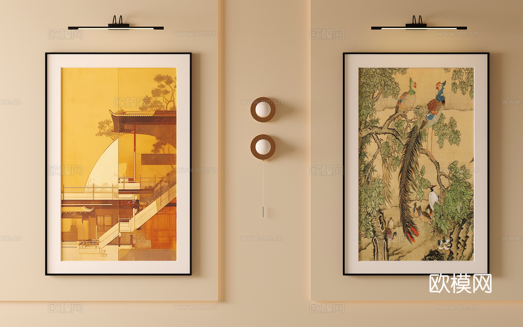 宋氏中古风挂画 长条挂画  挂画组合su模型