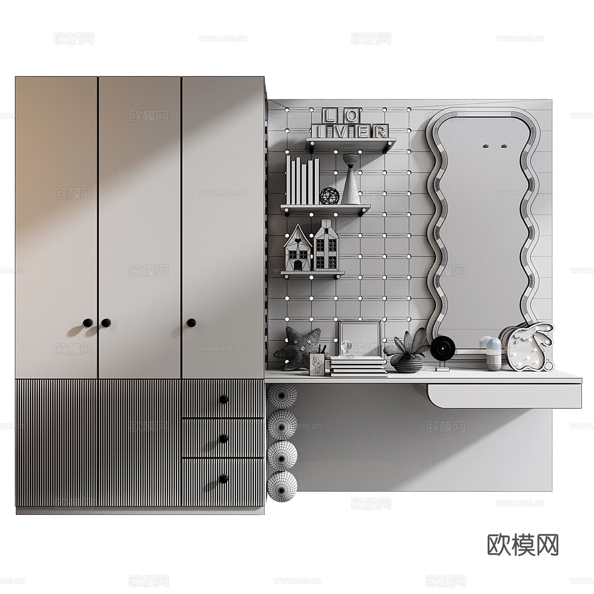 现代奶油风儿童衣柜 儿童书柜组合3d模型下载（渲染图3）