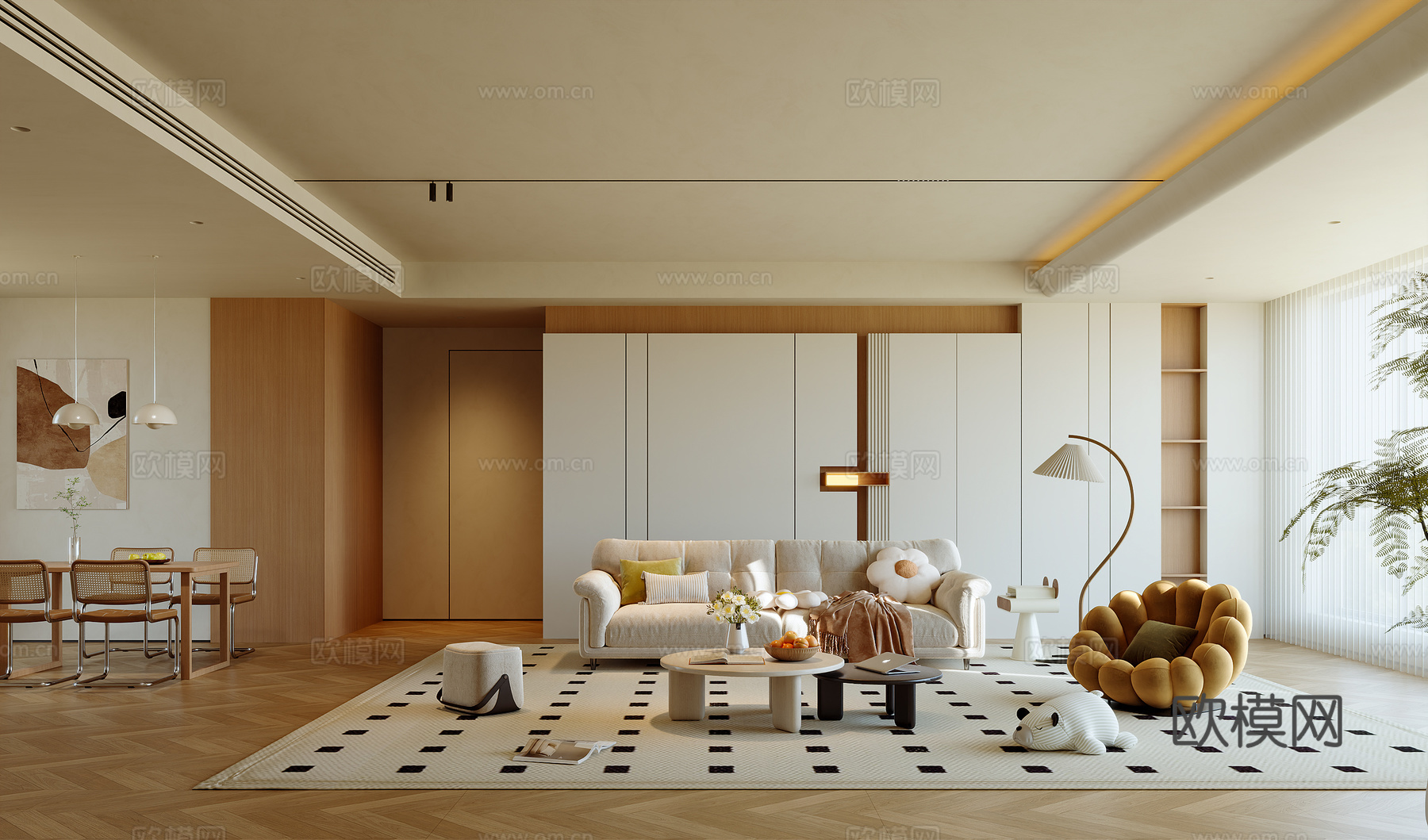 原木风客餐厅 餐桌组合 沙发组合 茶几组合 挂画su模型