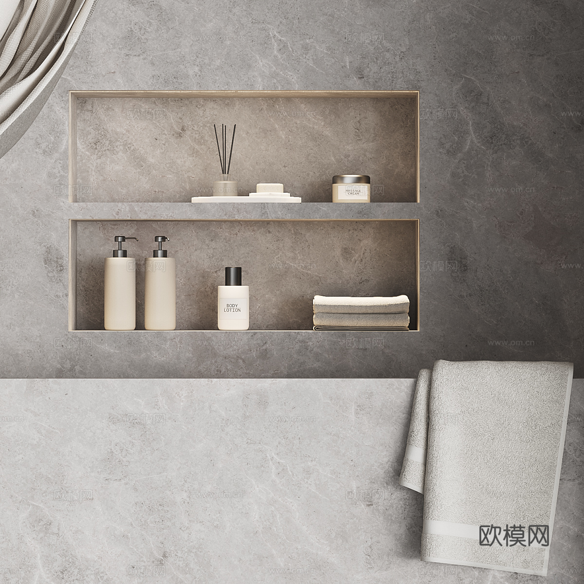 现代侘寂浴缸 浴帘 壁龛3d模型下载（渲染图2）