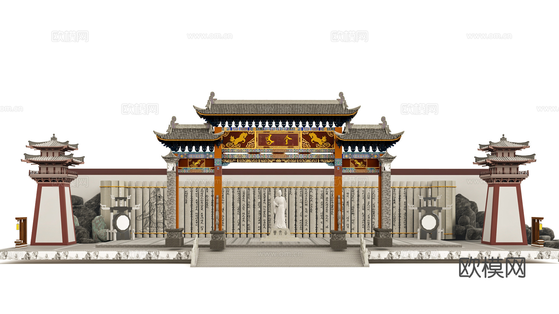中式广场 牌坊 景墙 雕塑su模型