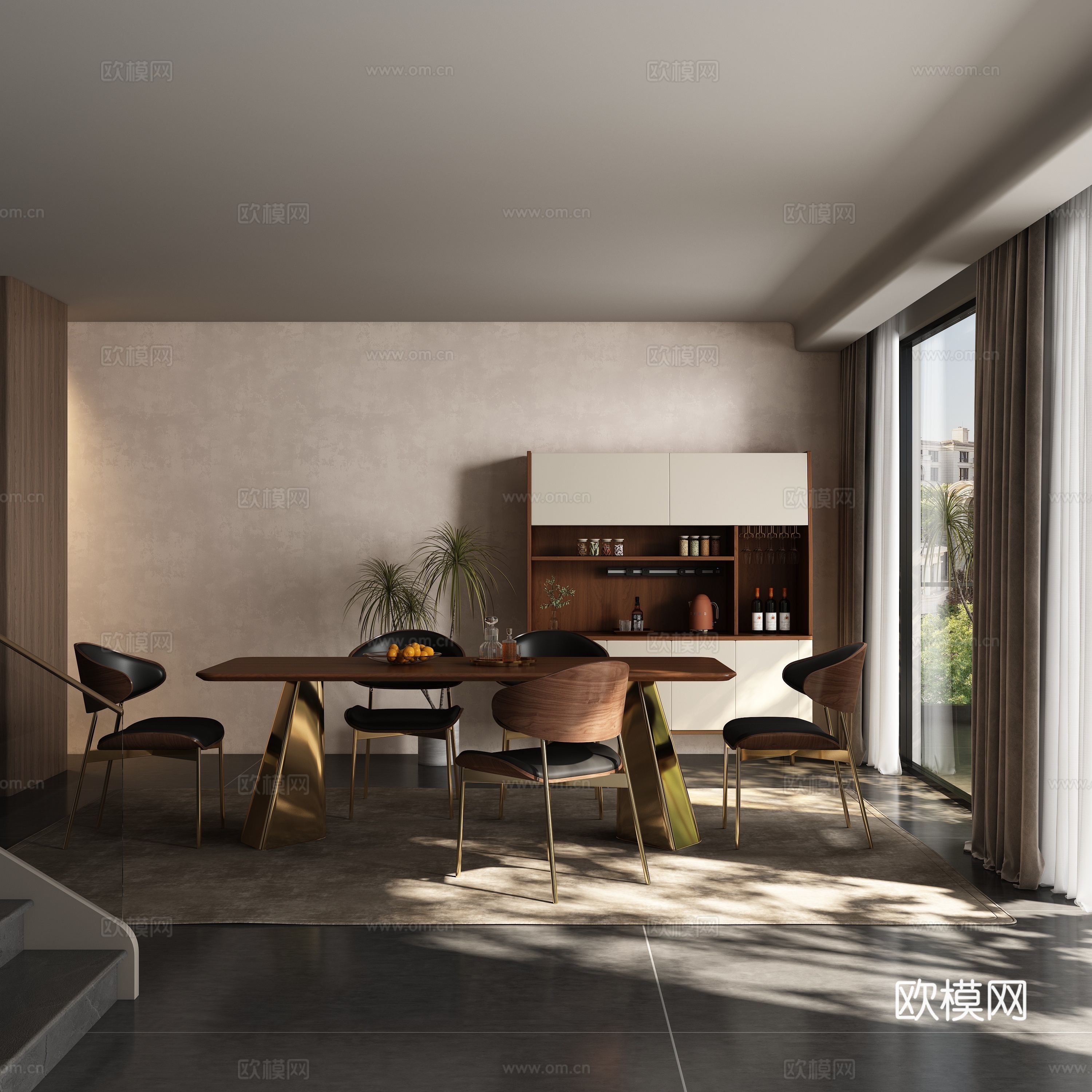 现代中古风餐厅 餐桌椅3d模型下载