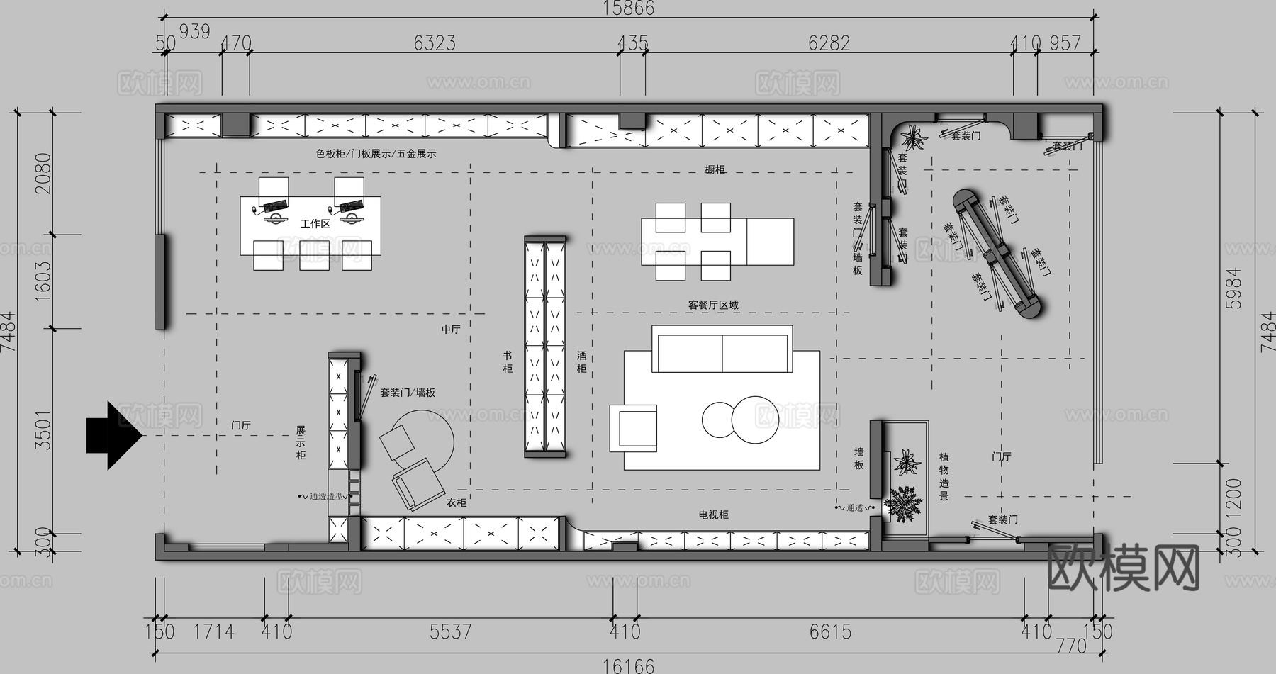 全屋定制展厅平面图 家具展厅 木作展厅 全屋定制专卖店cad施工图
