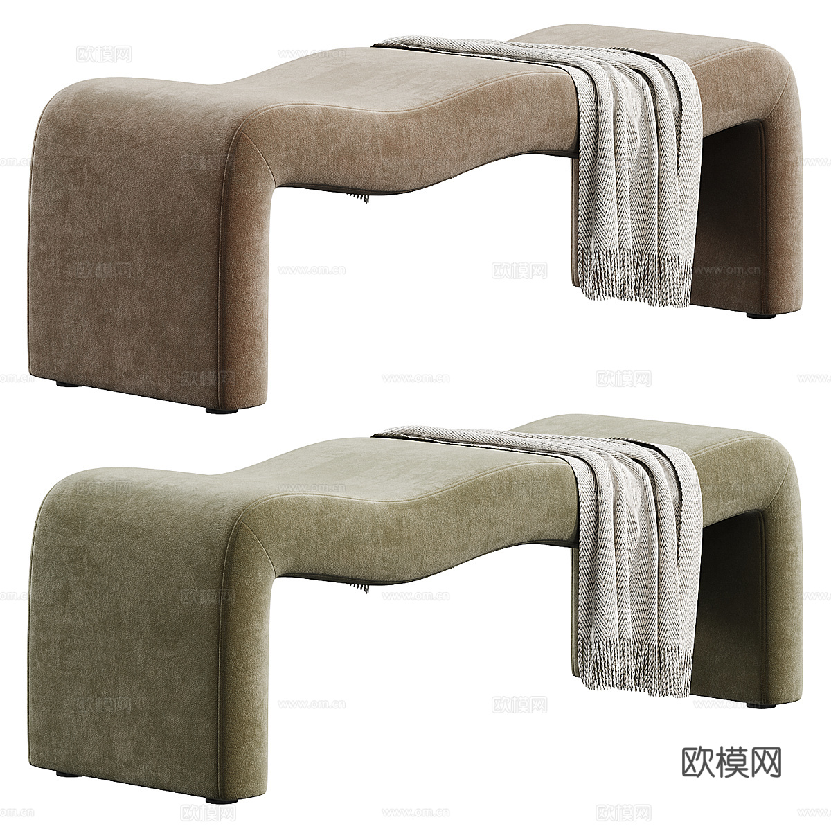 现代奶油风布艺长凳 条凳 床尾凳3d模型下载（渲染图4）