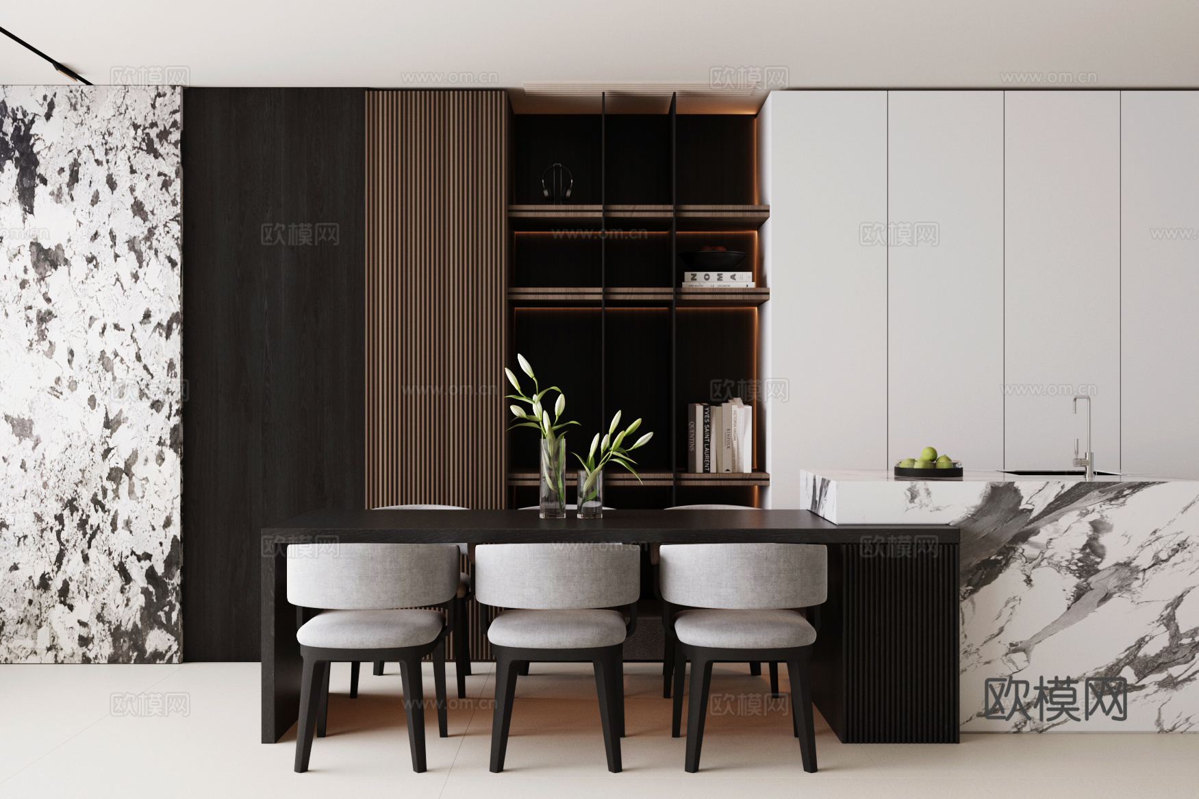 现代意式岛台餐厅 轻奢意式餐厅 开放式餐厅 岛台餐桌椅3d模型下载