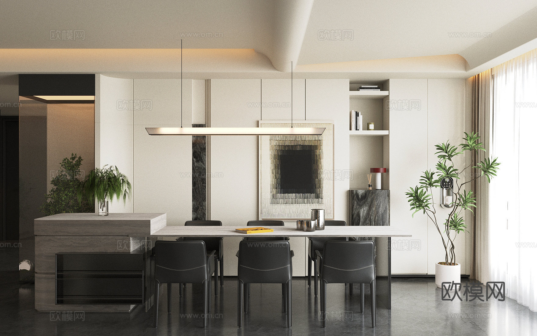 现代意式岛台餐厅 轻奢意式餐厅 开放式餐厅 岛台餐桌椅3d模型下载