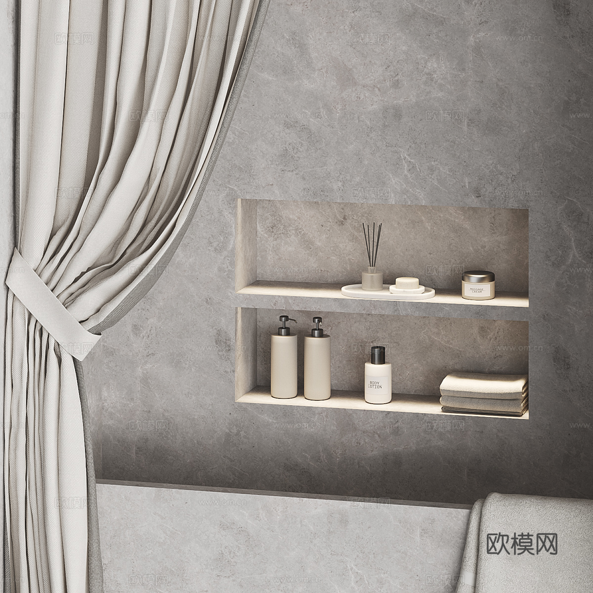 现代侘寂浴缸 浴帘 壁龛3d模型下载（渲染图3）