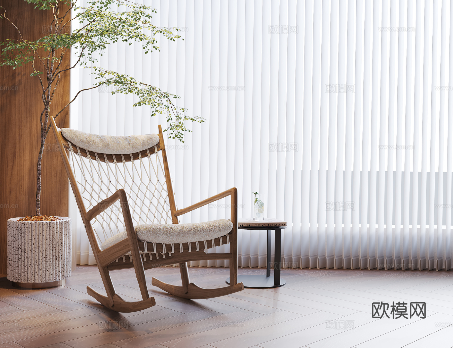原木风躺椅 摇椅 实木摇椅 编织躺椅3d模型下载