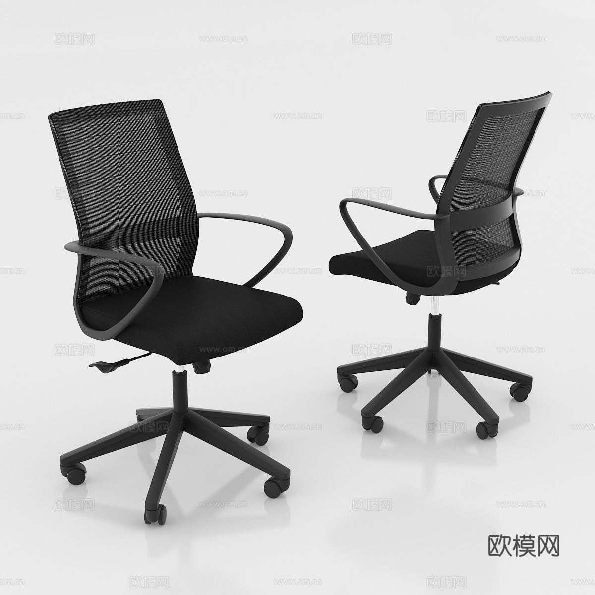 现代办公室 黑色网布尼龙脚架职员椅 员工椅 办公椅白底图3d模型下载