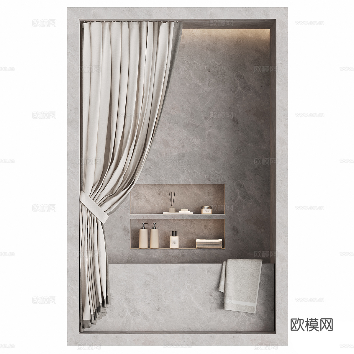 现代侘寂浴缸 浴帘 壁龛3d模型下载（渲染图1）