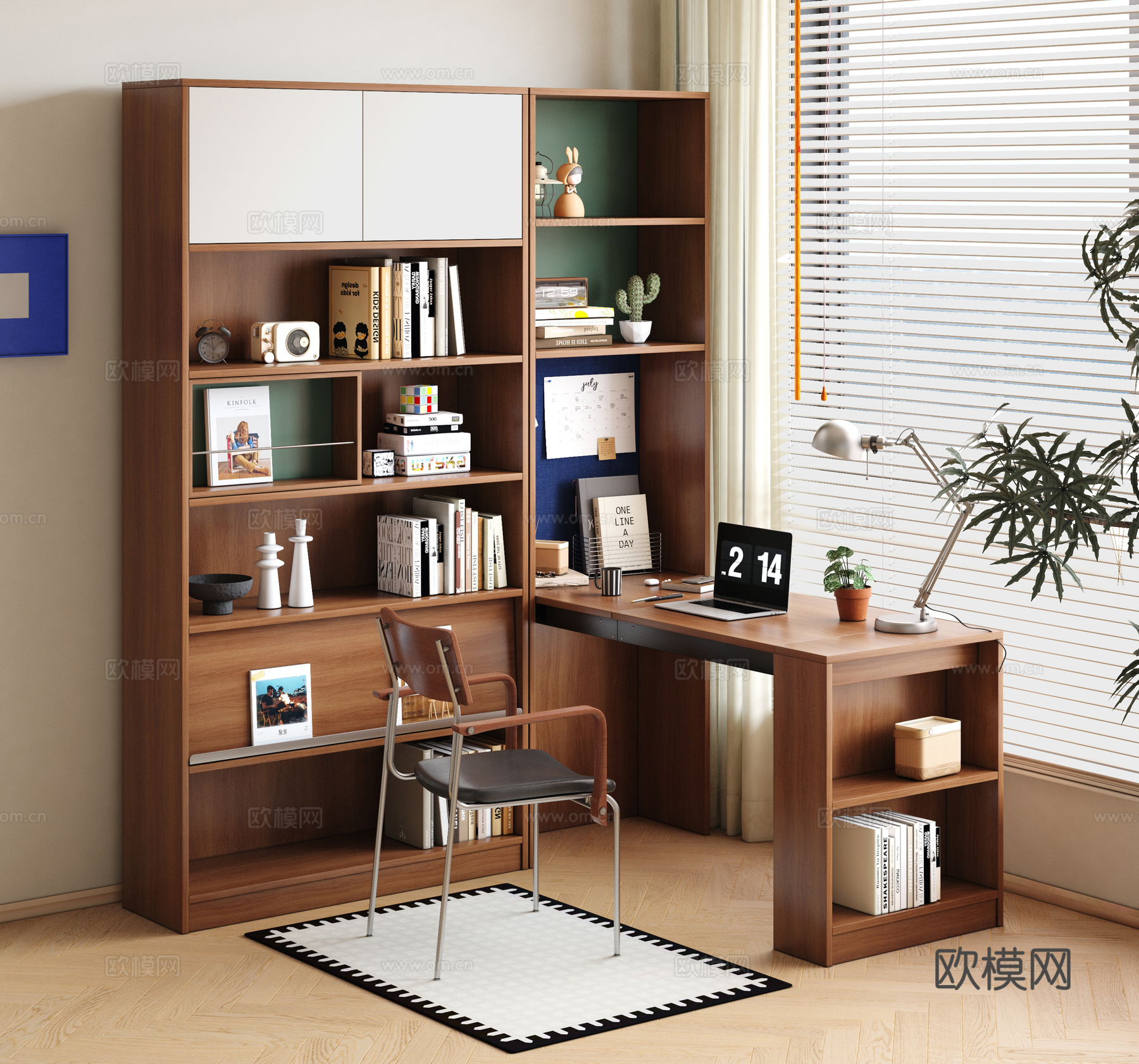 中古风书柜书桌一体 中古风书柜 书桌椅3d模型下载（渲染图1）