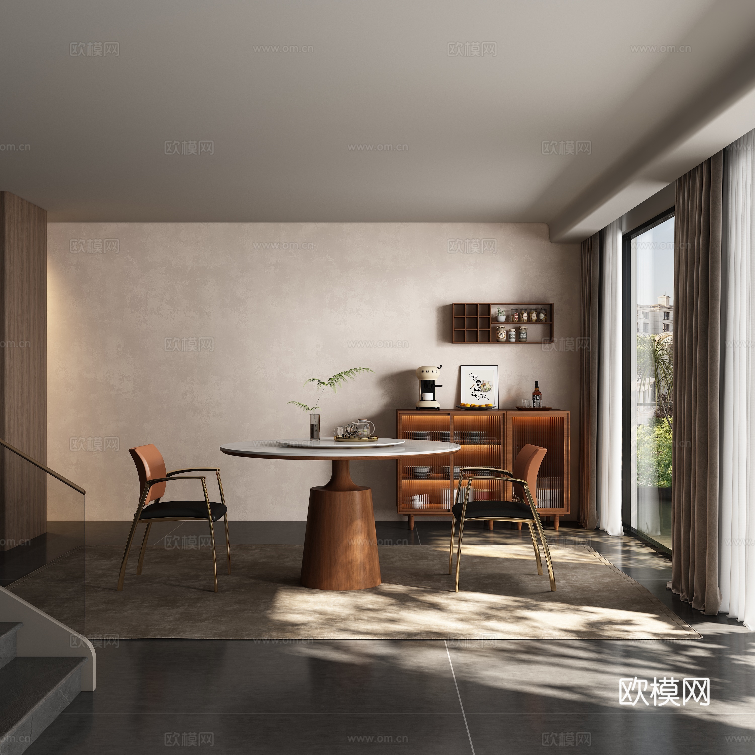 现代中古风餐厅 餐桌椅3d模型下载