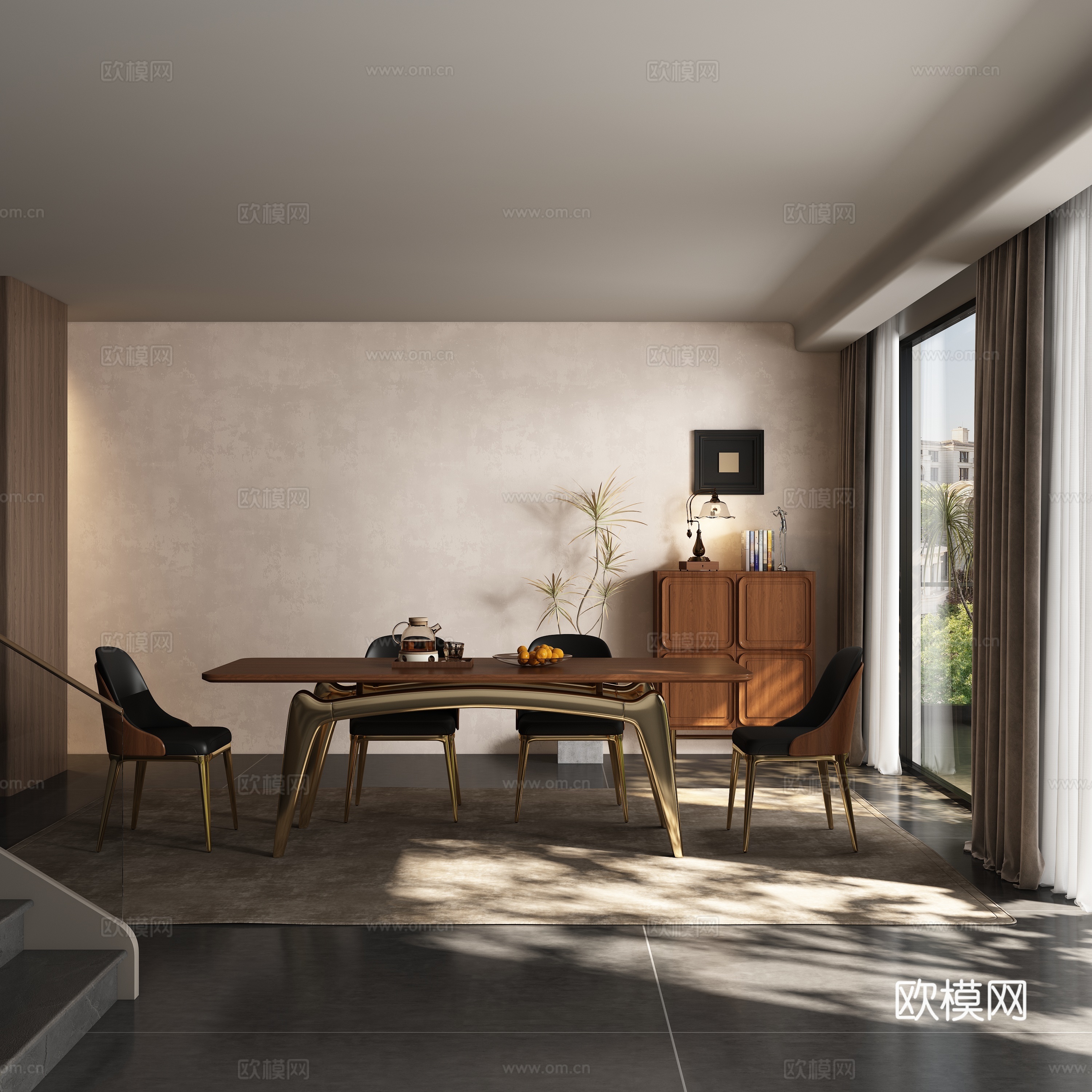 现代中古风餐厅 餐桌椅3d模型下载