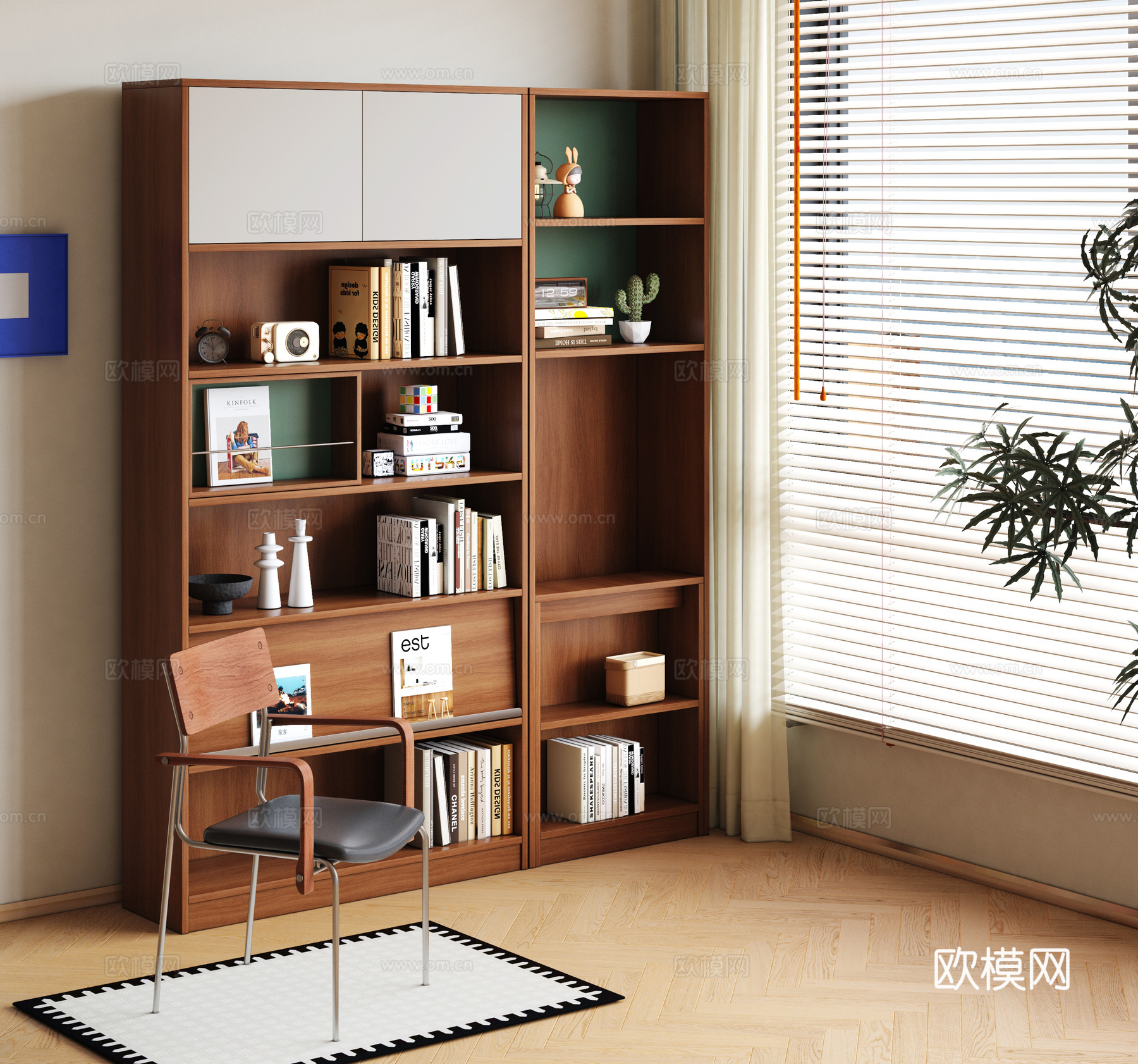 中古风书柜书桌一体 中古风书柜 书桌椅3d模型下载（渲染图2）