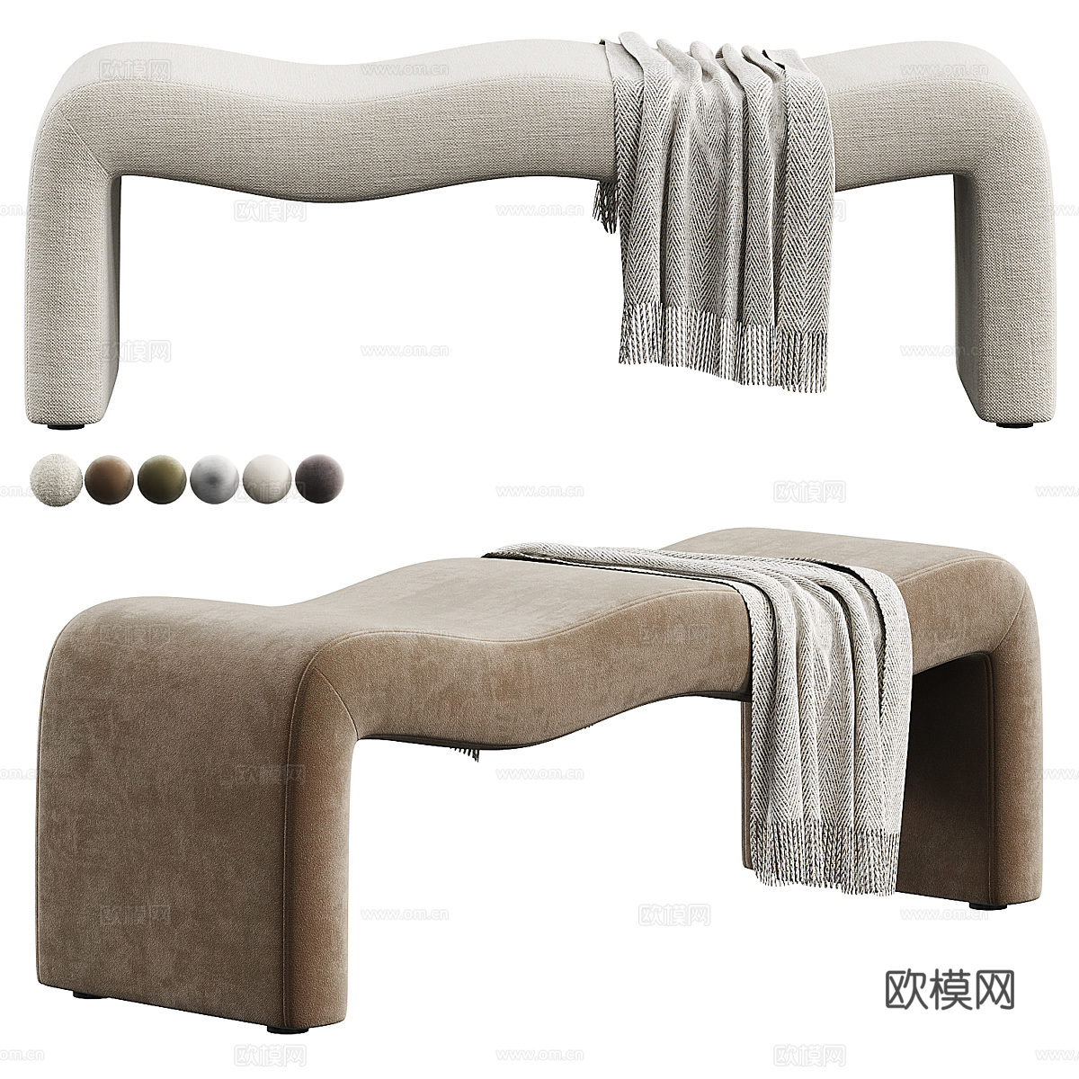 现代奶油风布艺长凳 条凳 床尾凳3d模型下载（渲染图1）