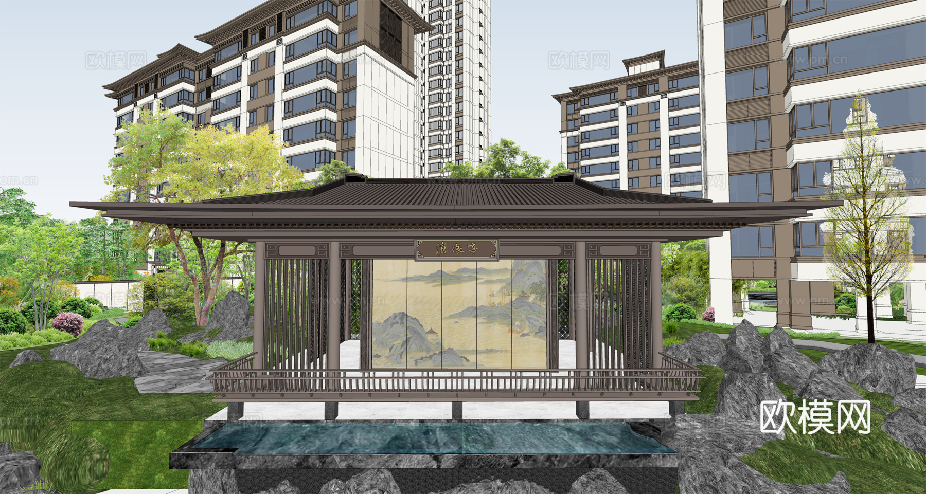 新中式亭子 新中式花园住宅建筑景观亭su模型