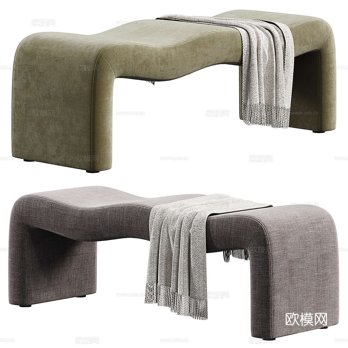 现代奶油风布艺长凳 条凳 床尾凳3d模型下载（渲染图3）