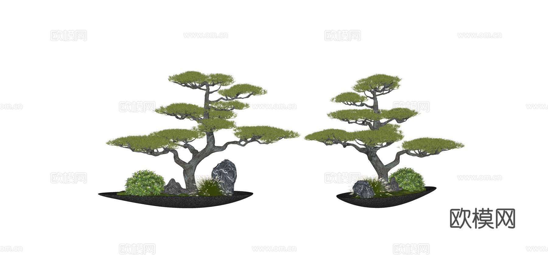 新中式禅意黑岩盆景su模型