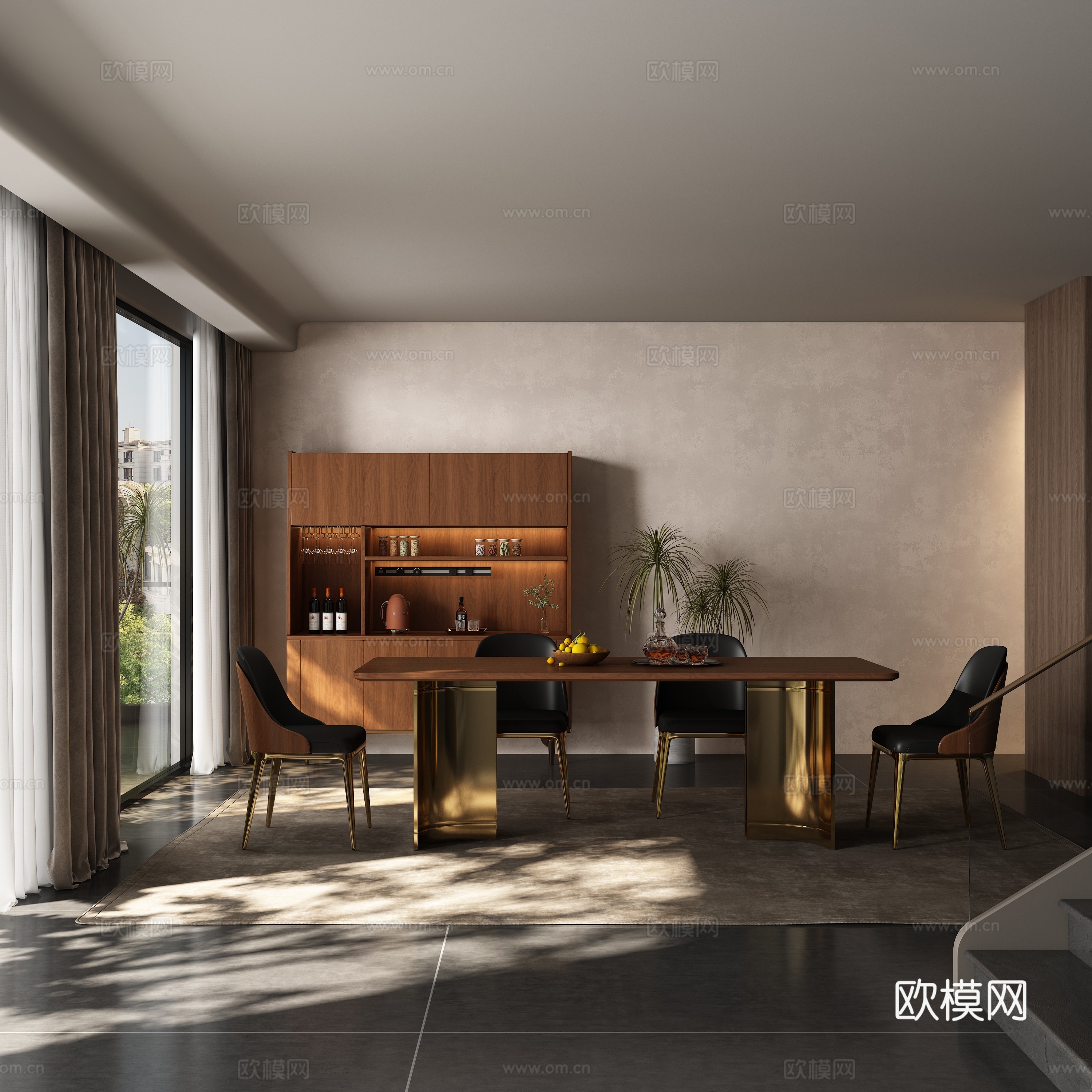 现代中古风餐厅 餐桌椅3d模型下载