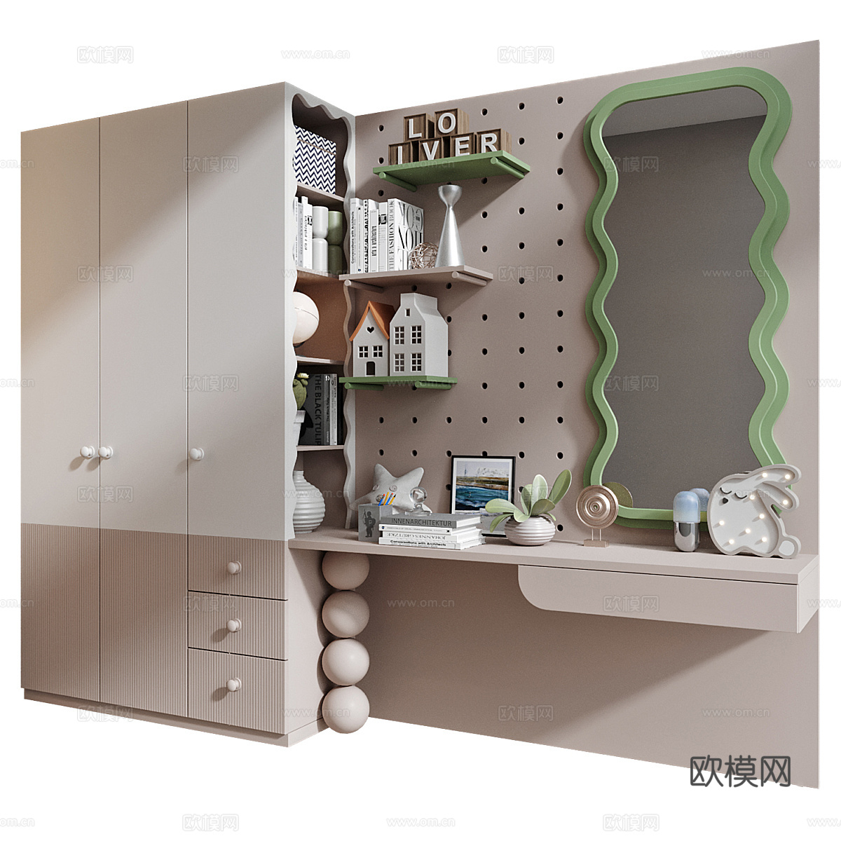 现代奶油风儿童衣柜 儿童书柜组合3d模型下载（渲染图2）