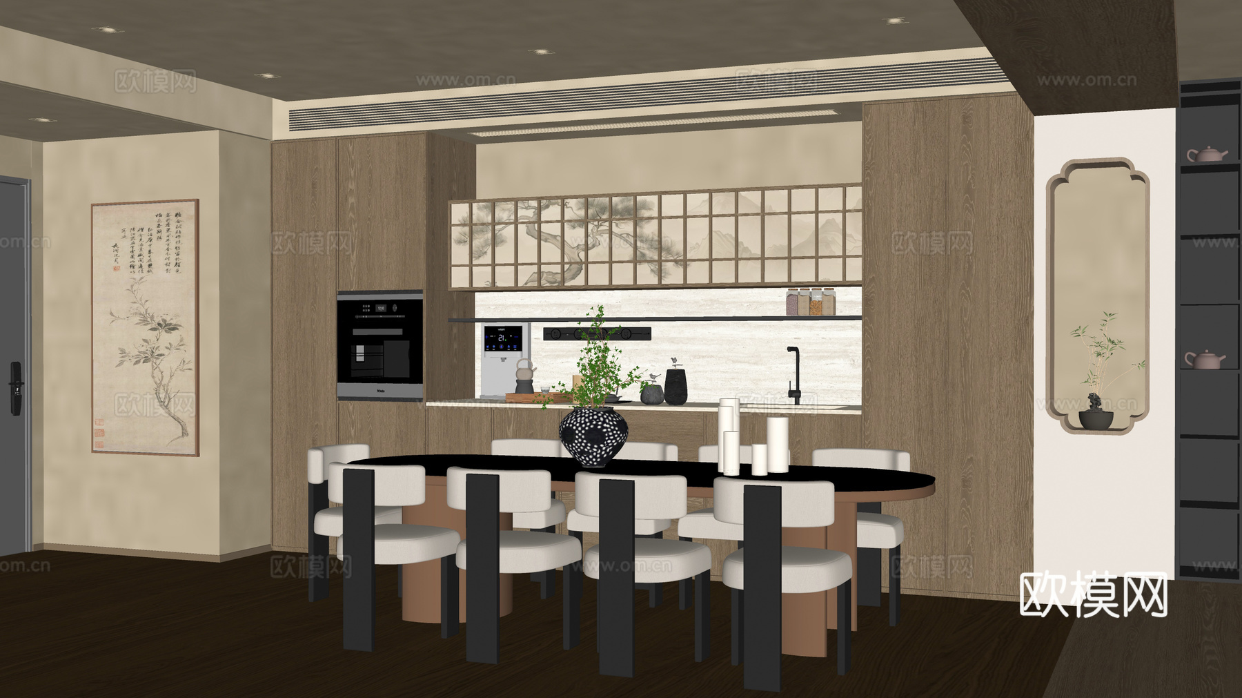 新中式原木餐厅su模型
