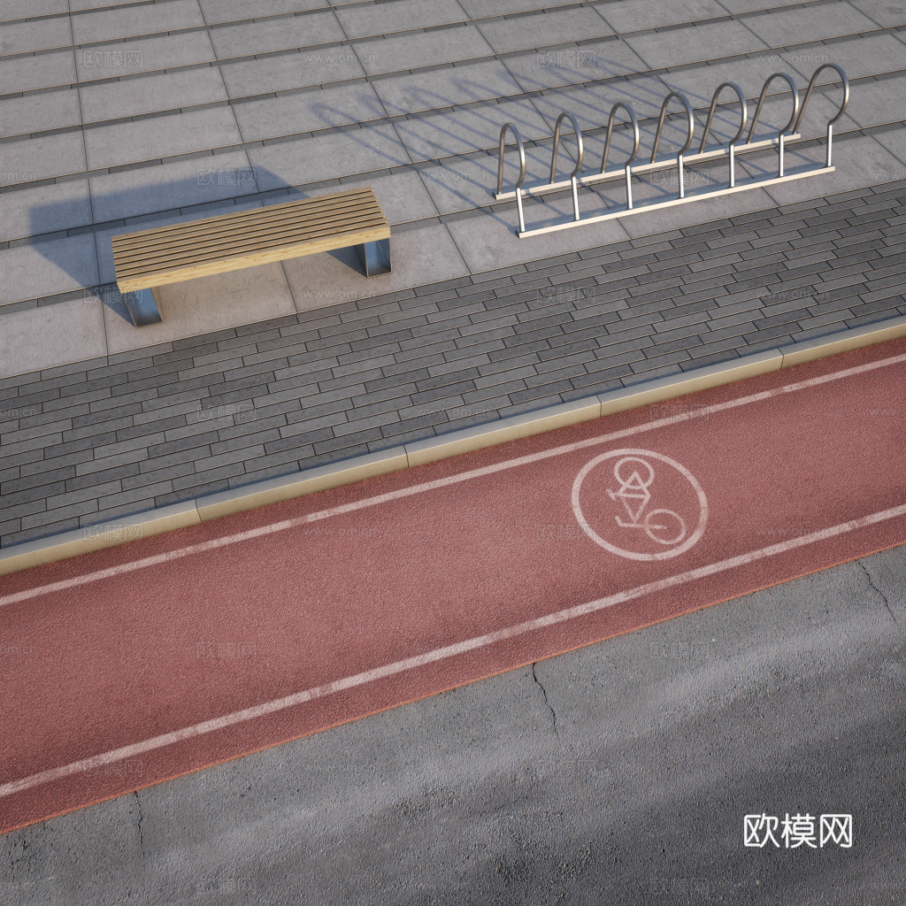 公共道路 人行道 塑胶跑道 自行车道 公共长凳su模型