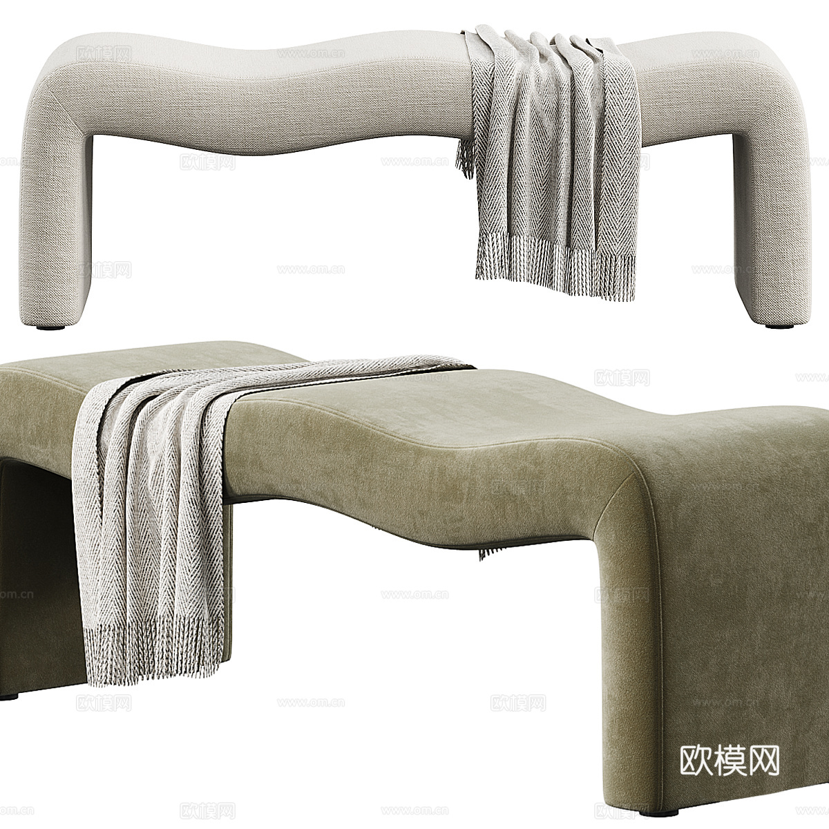 现代奶油风布艺长凳 条凳 床尾凳3d模型下载（渲染图6）